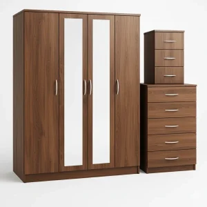 2-Full Center Mirror 4 Door Wardrobe Set (Assembled)