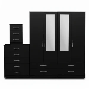 2-Half Mirror with 4-Bottom Drawers 4 Door Wardrobe Set (Assembled)