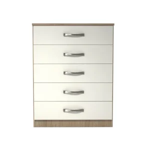 Ready assembled classic 5 drawer chest oak and white