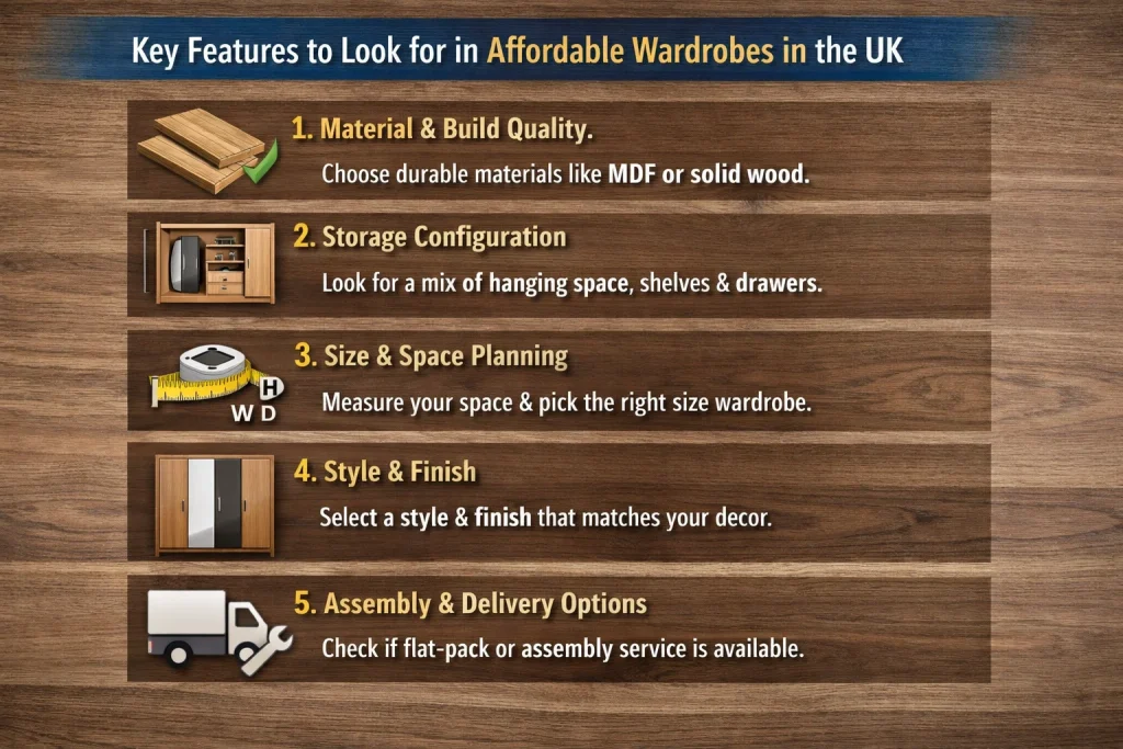 visual representation of Key Features to Look for in Affordable Wardrobes in the UK