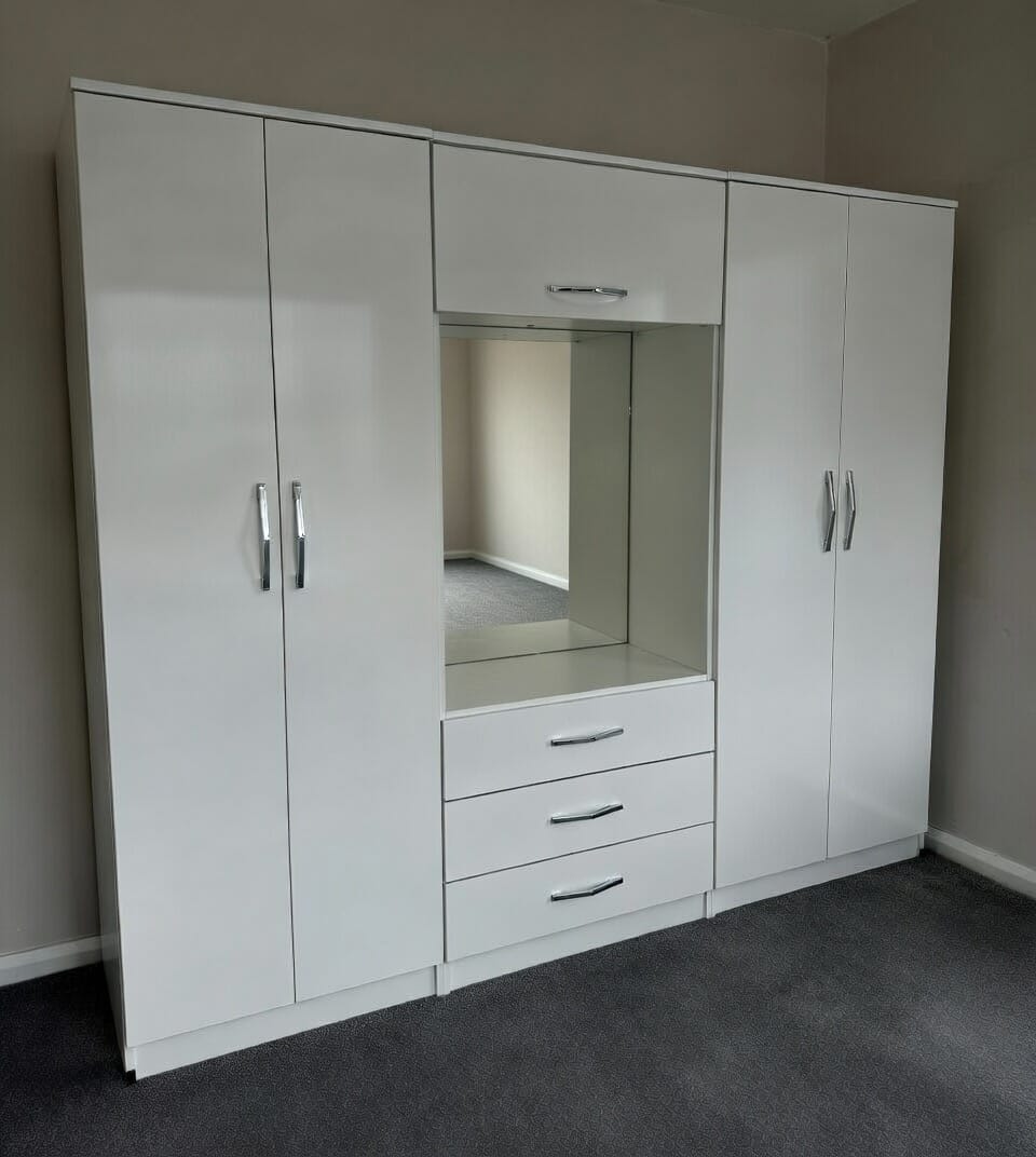 IMG_8737 Fully assembled vanity Wardrobe Cabinet with Mirror Shelf, 3 Drawers & Hanging Space - Spacious Bedroom Closet Storage - Image 1